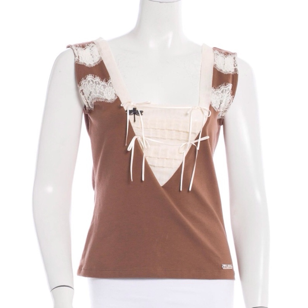 John Galliano Brown and Cream Lace Top